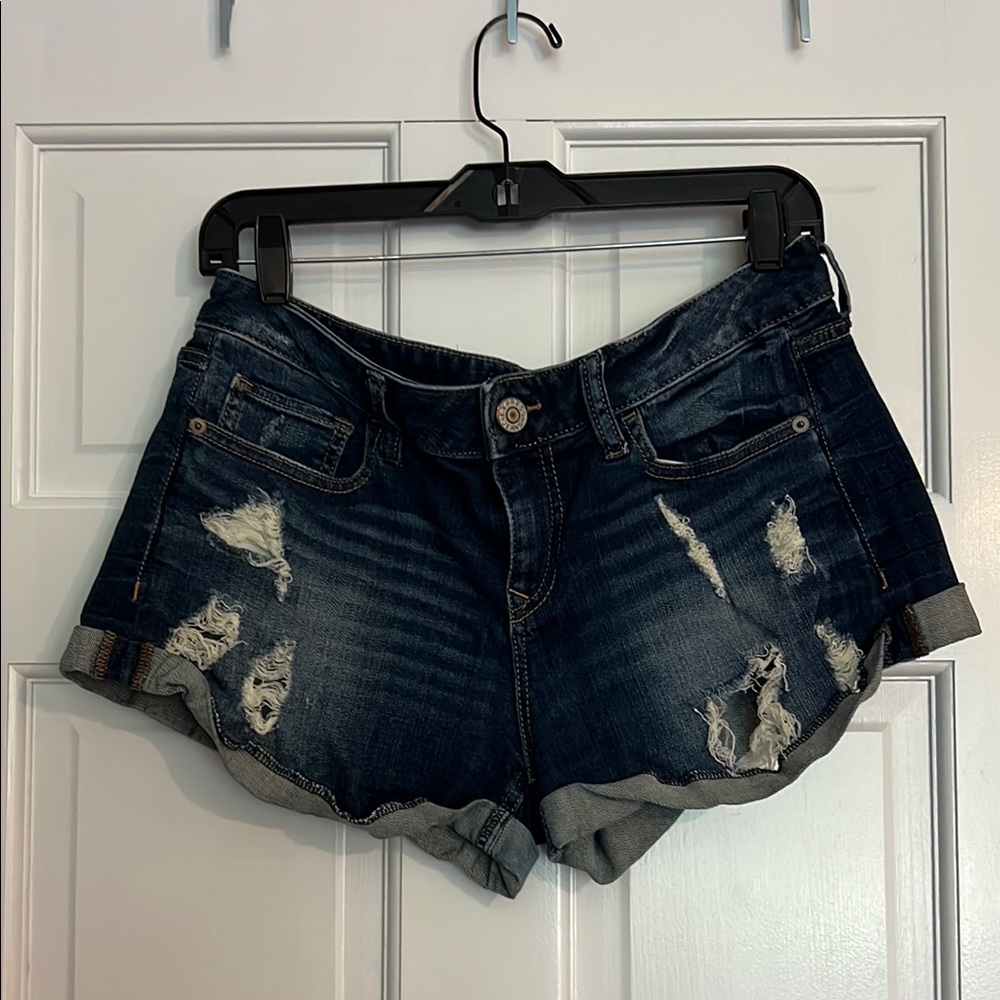 Express Blue Distressed Jean Shorts Raw Hem